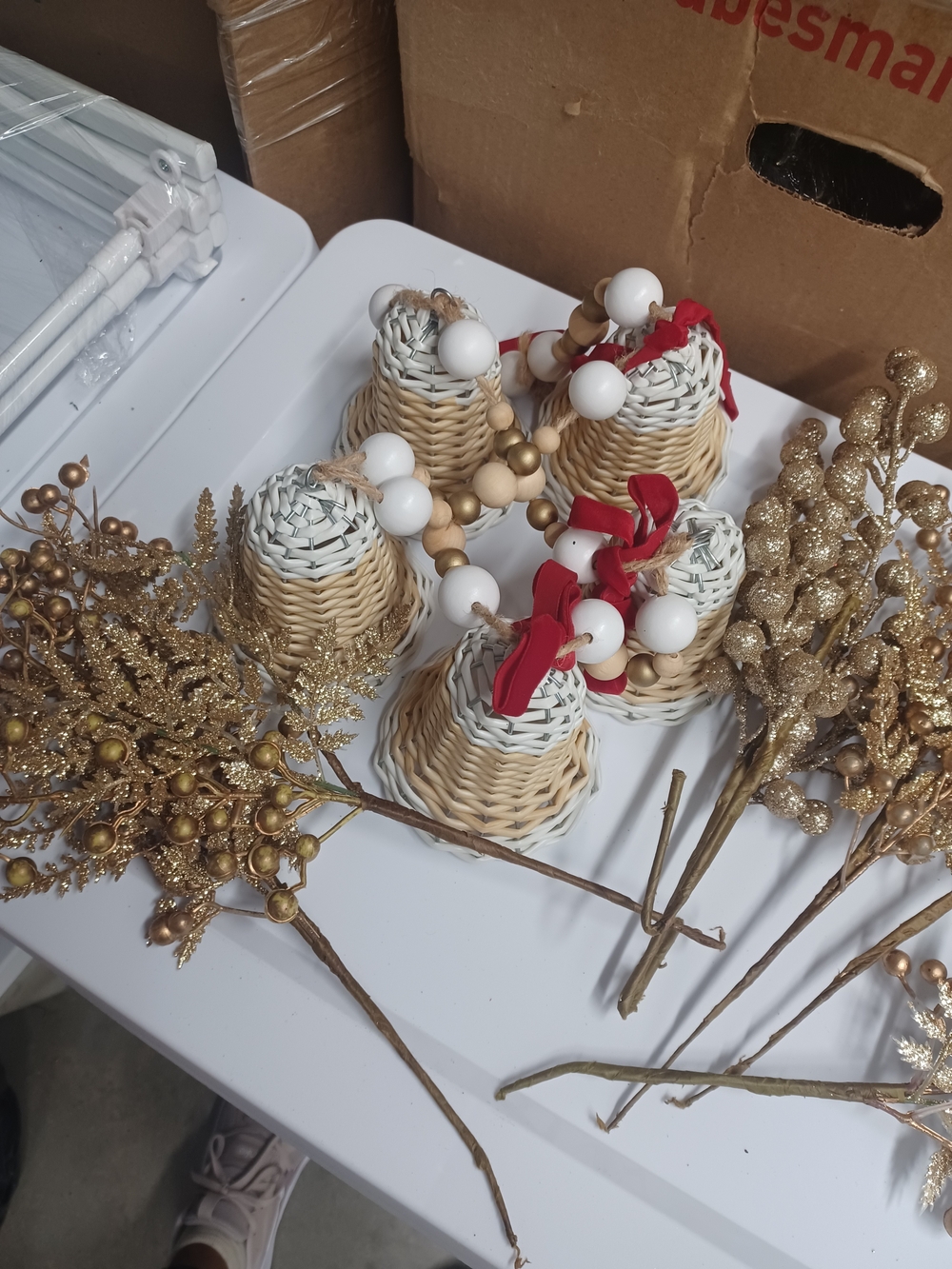 Festive Natural Wicker Bell Ornaments with Red Ribbon